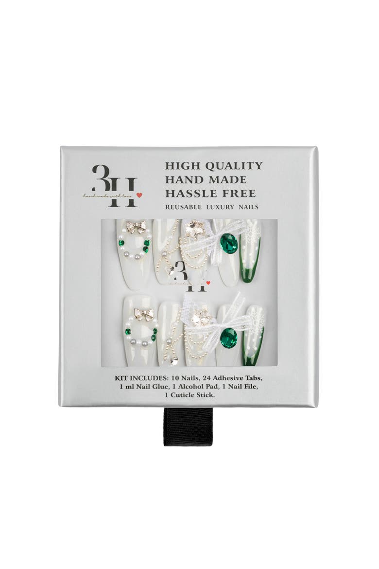 Emerald Noir Luxury Handmade Press On Nails, Main, color, White/Green