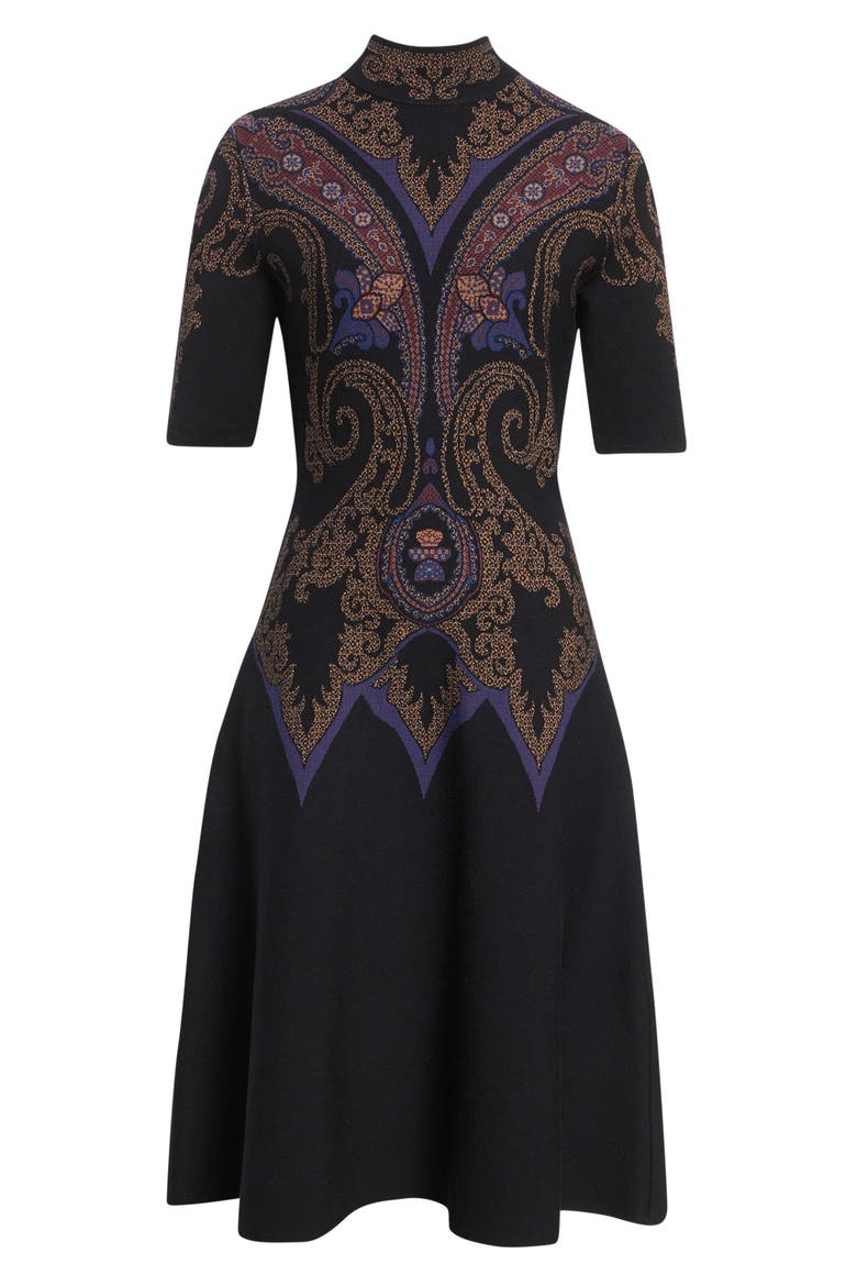 Mock Neck Jacquard Fit & Flare Sweater Dress, Alternate, color, DARK BLUE