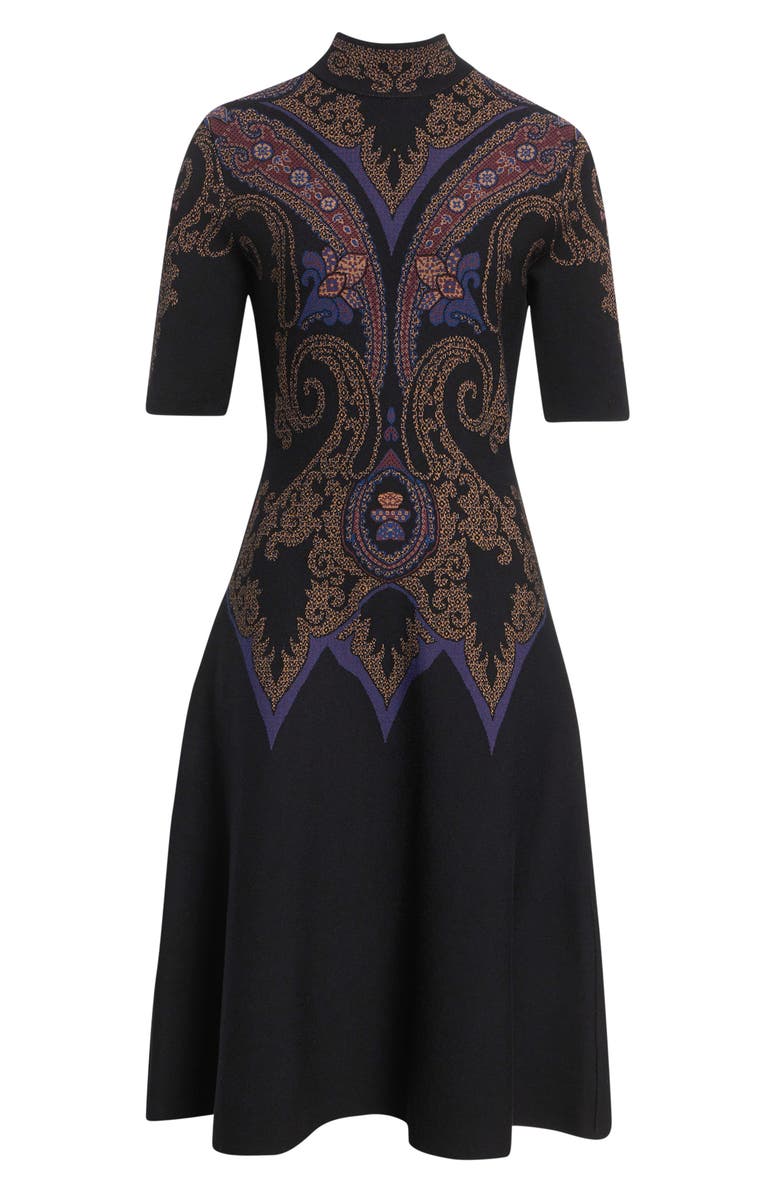 Etro Mock Neck Jacquard Fit & Flare Sweater Dress, Alternate, color, Dark Blue
