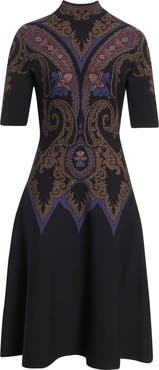 Etro Mock Neck Jacquard Fit & Flare Sweater Dress