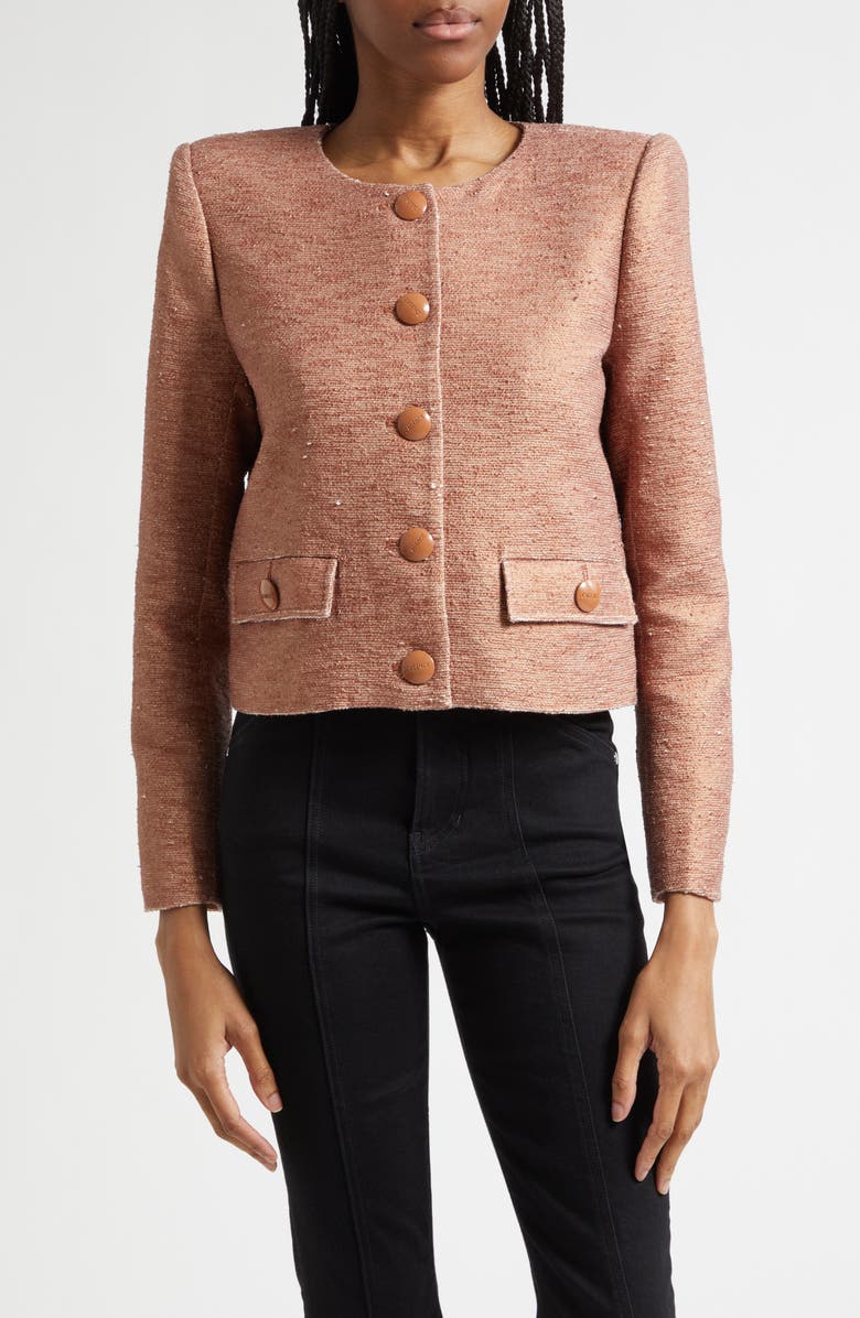 L'AGENCE Zell Collarless Cotton Blend Tweed Jacket, Main, color, Light Auburn