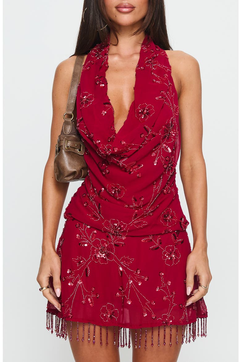 Twilight Zone Beaded Cowl Halter Top, Alternate, color, RED