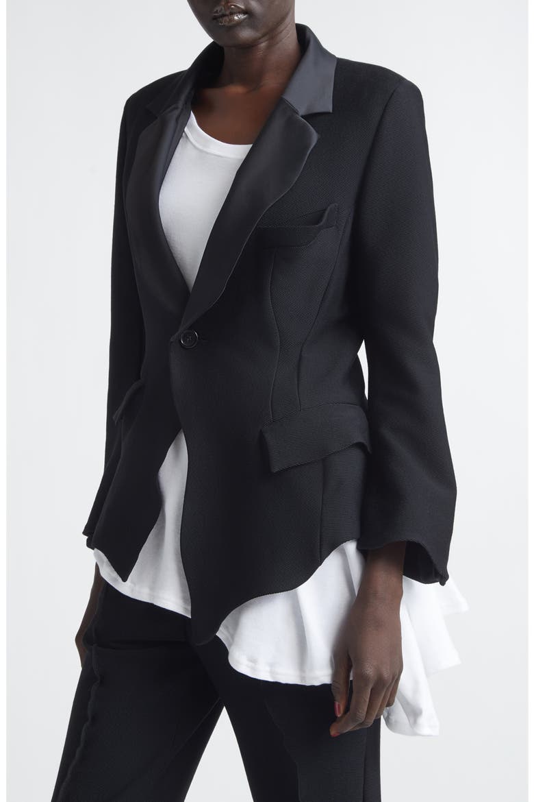 Wavy Sateen Trim Wool Stretch Twill Jacket, Alternate, color, BLACK