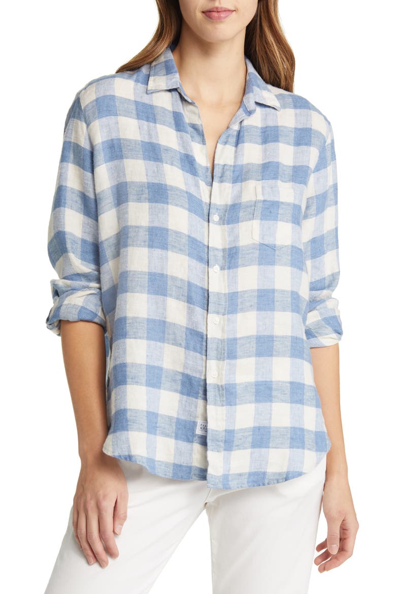 Eileen Plaid Relaxed Button-Up Linen Shirt, Main, color, LARGE BLUE WINTER WHITE