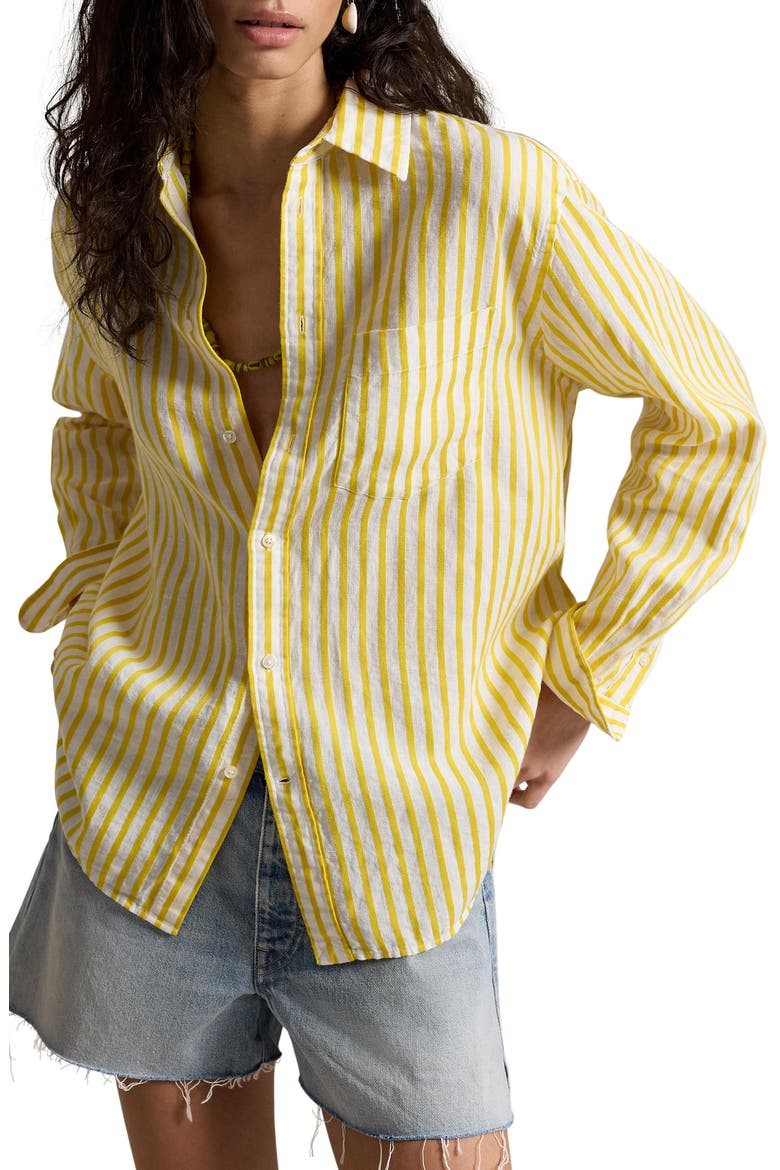 Oversize Button-Up Stripe Shirt, Main, color, WHITE-YELLOW