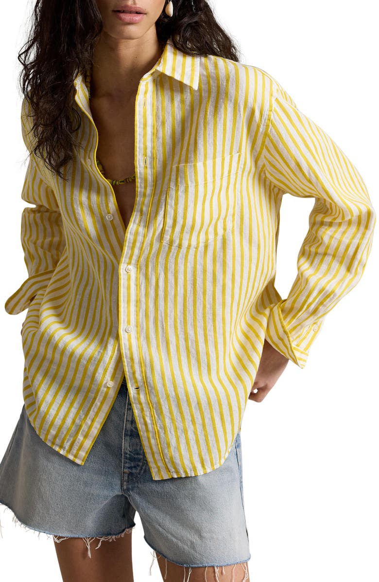 Polo Ralph Lauren Oversize Button-Up Stripe Shirt, Main, color, White-Yellow