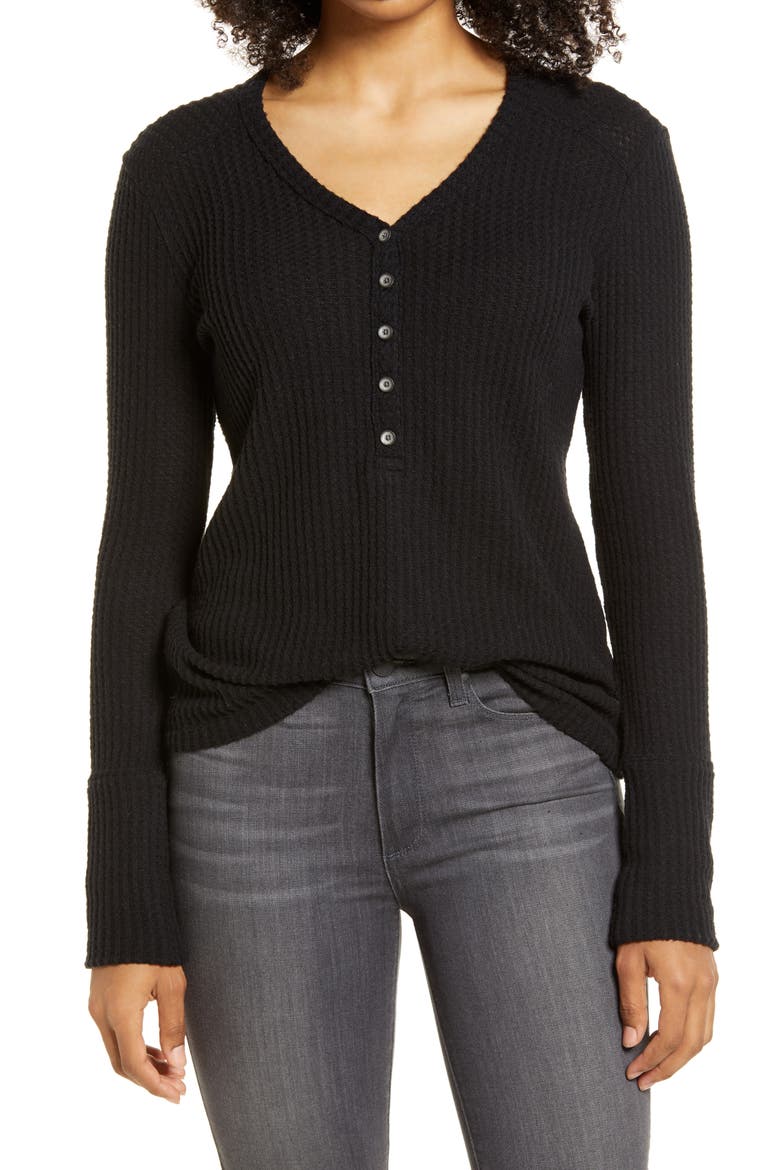High Cuff Henley Top, Main, color, BLACK