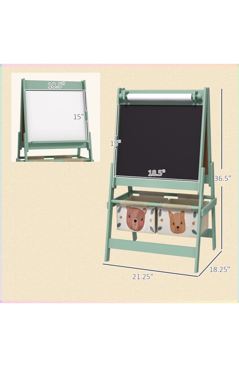 Qaba Kids 3-in-1 Art Easel with Paper Roll, Blackboard, Whiteboard, Storage Baskets​, Alternate, color, Green