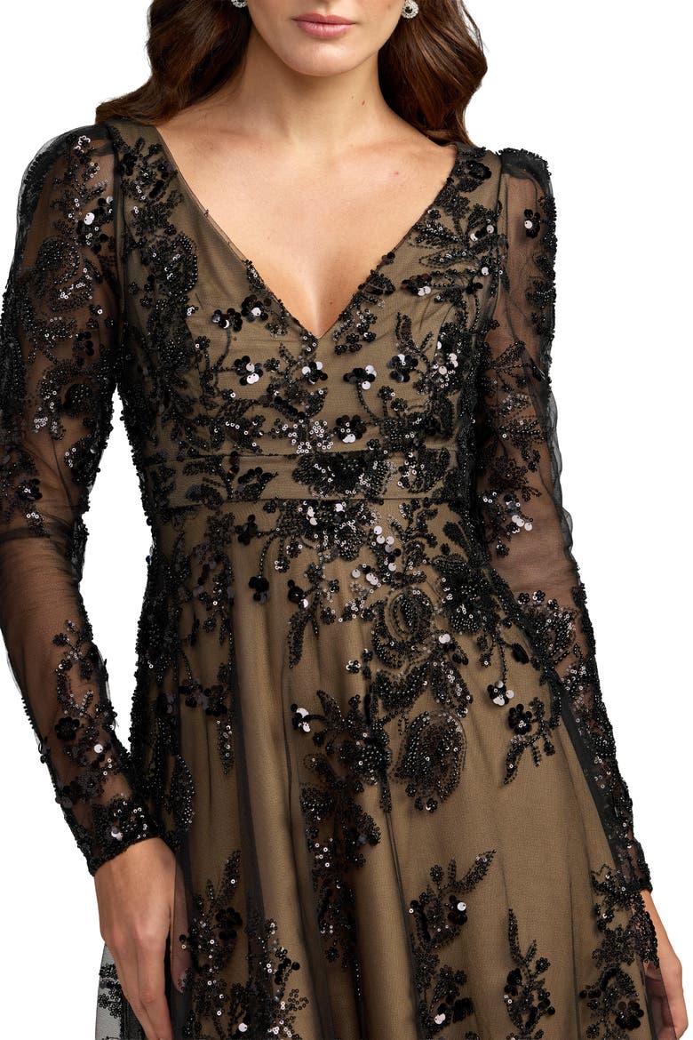 Floral Embroidered V-Neck Long Sleeve Gown, Alternate, color, Black Nude