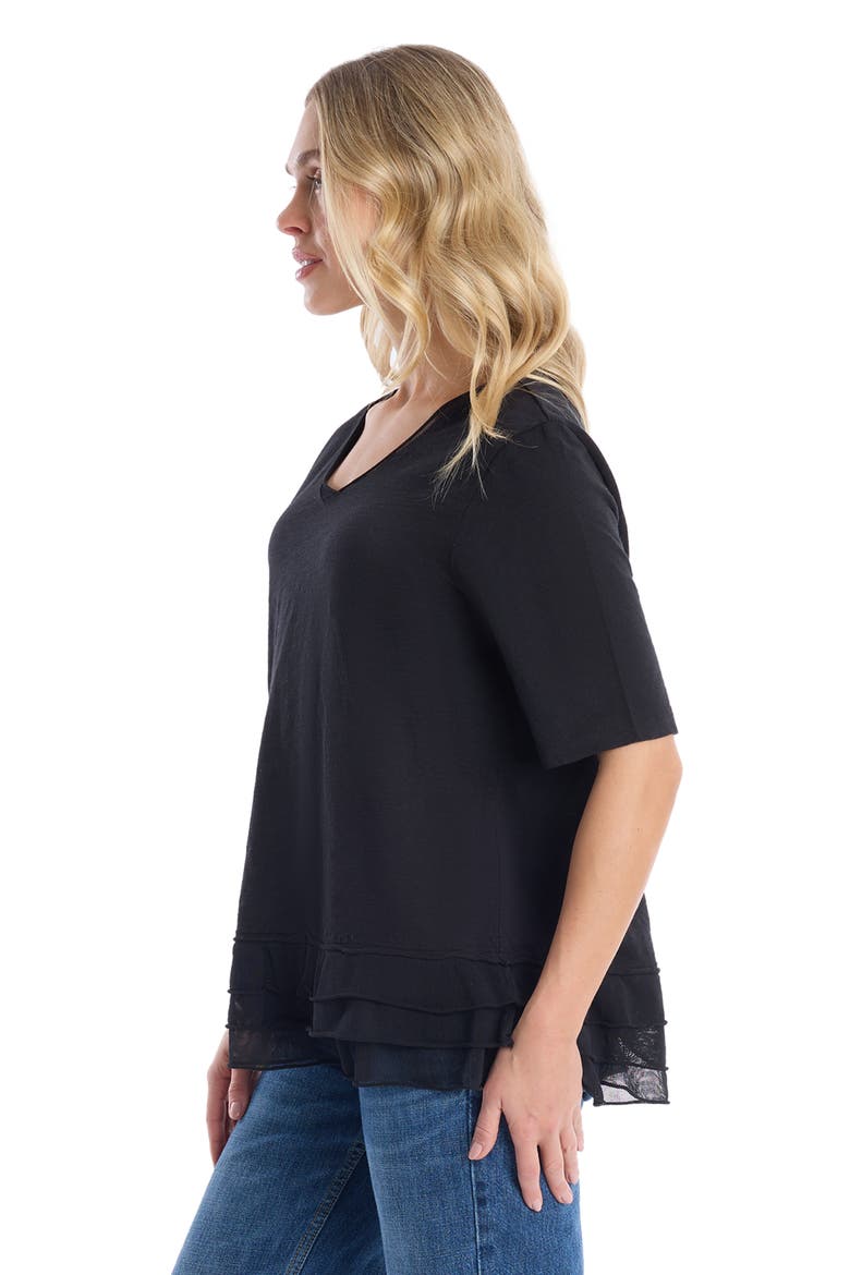 V-Neck Elbow Sleeve Mixed Media Tee, Alternate, color, Black
