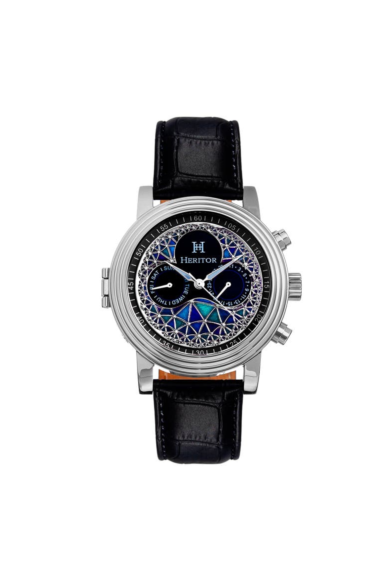 Legacy Leather-Band Watch w/Day/Date, Main, color, Silver/Black