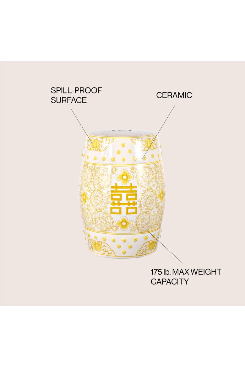 Double Happiness Traditional Ceramic Garden Stool, Indoor/Outdoor Chinoiserie Double Happiness Patio Drum Accent Side Table, Alternate, color, Yellow/White