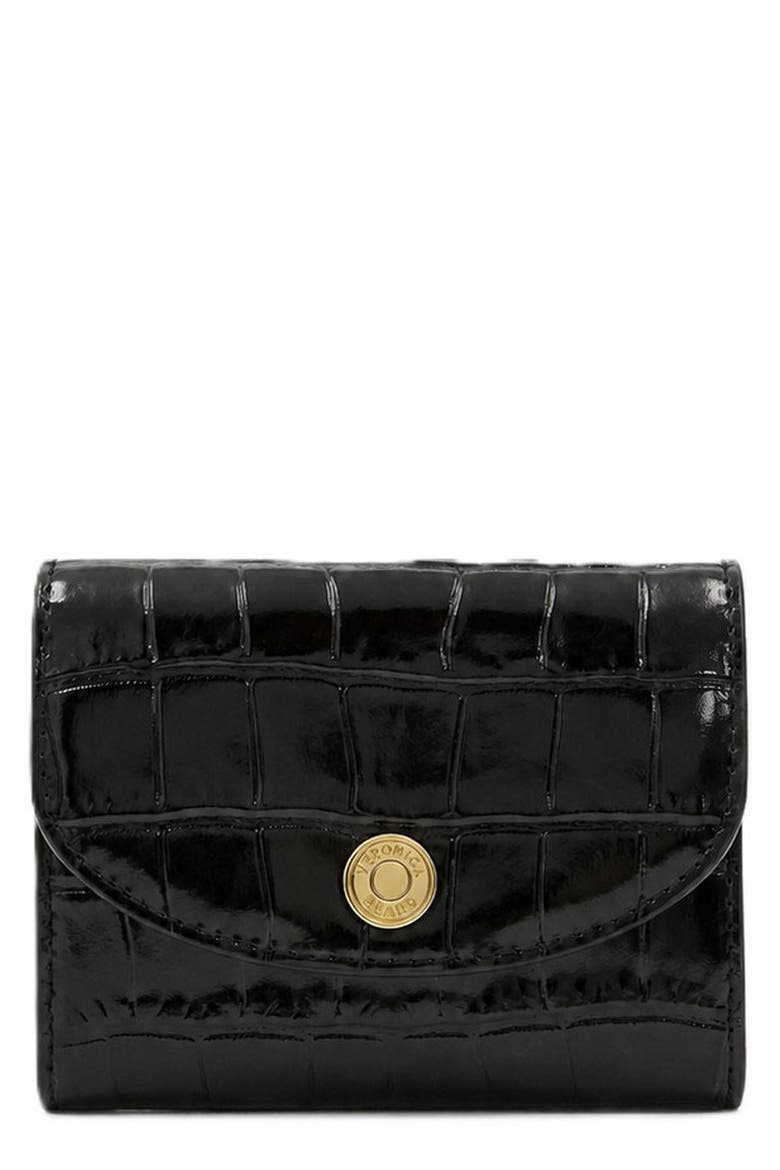 Croc Embossed Flap Leather Card Case, Main, color, BLACK