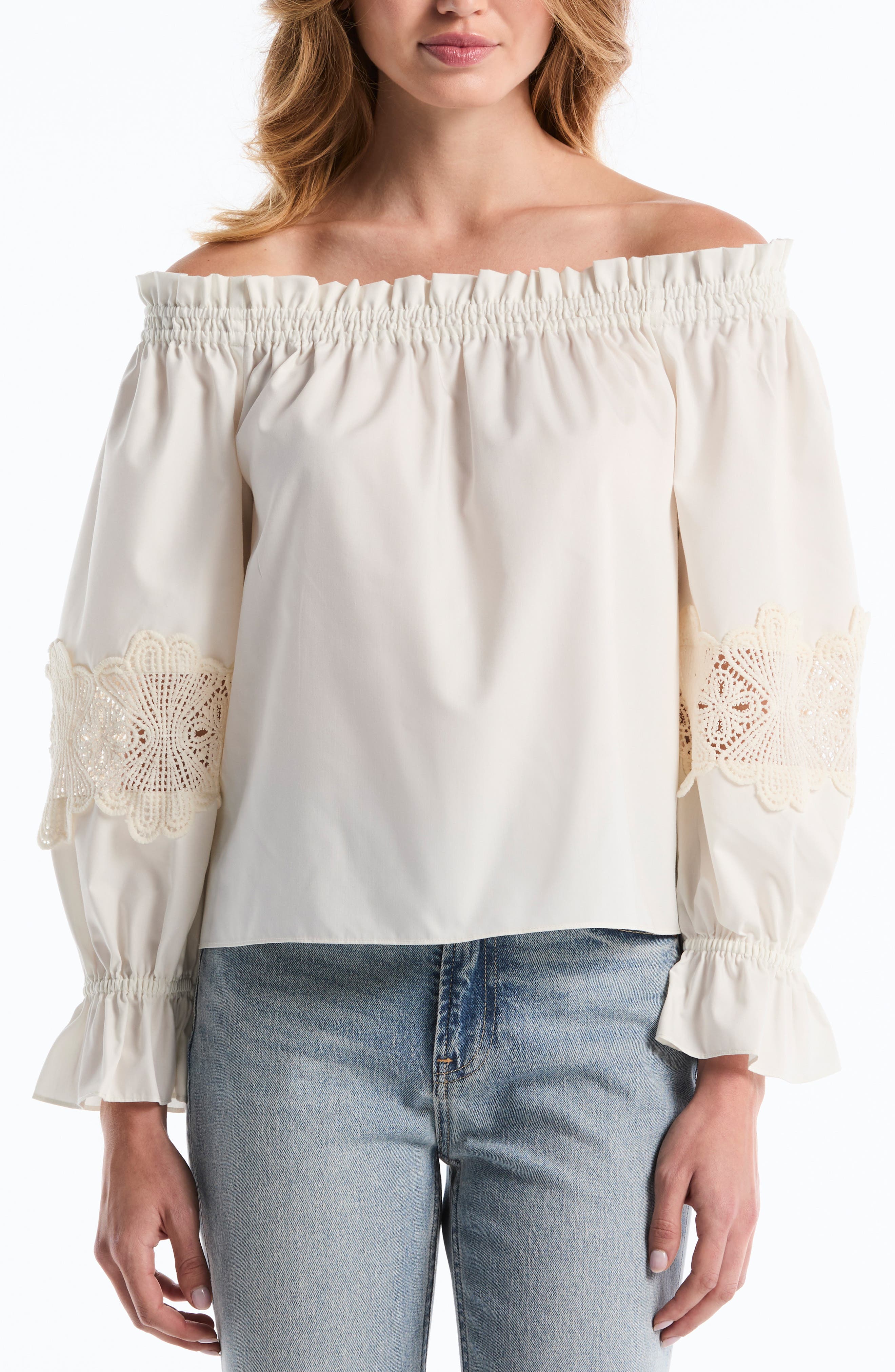 Laundry by Shelli Segal Embroidered Off-the-Shoulder Long Sleeve Top