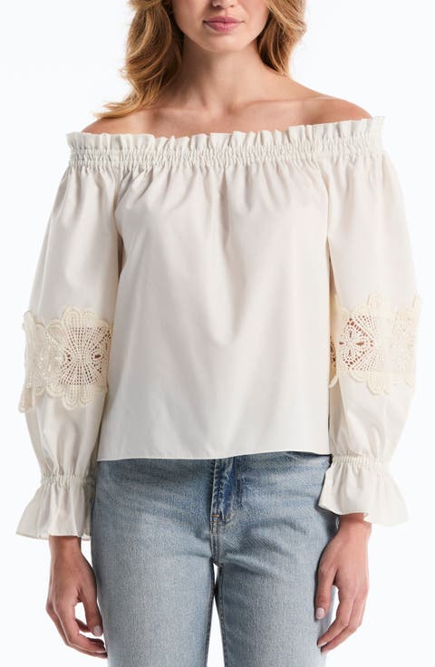 Embroidered Off-the-Shoulder Long Sleeve Top