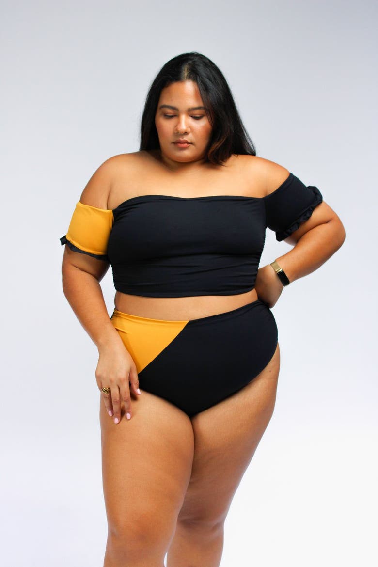 Cali Off-The-Shoulder Bikini Crop Top With Short Sleeves, Main, color, Black and Mustard Yellow