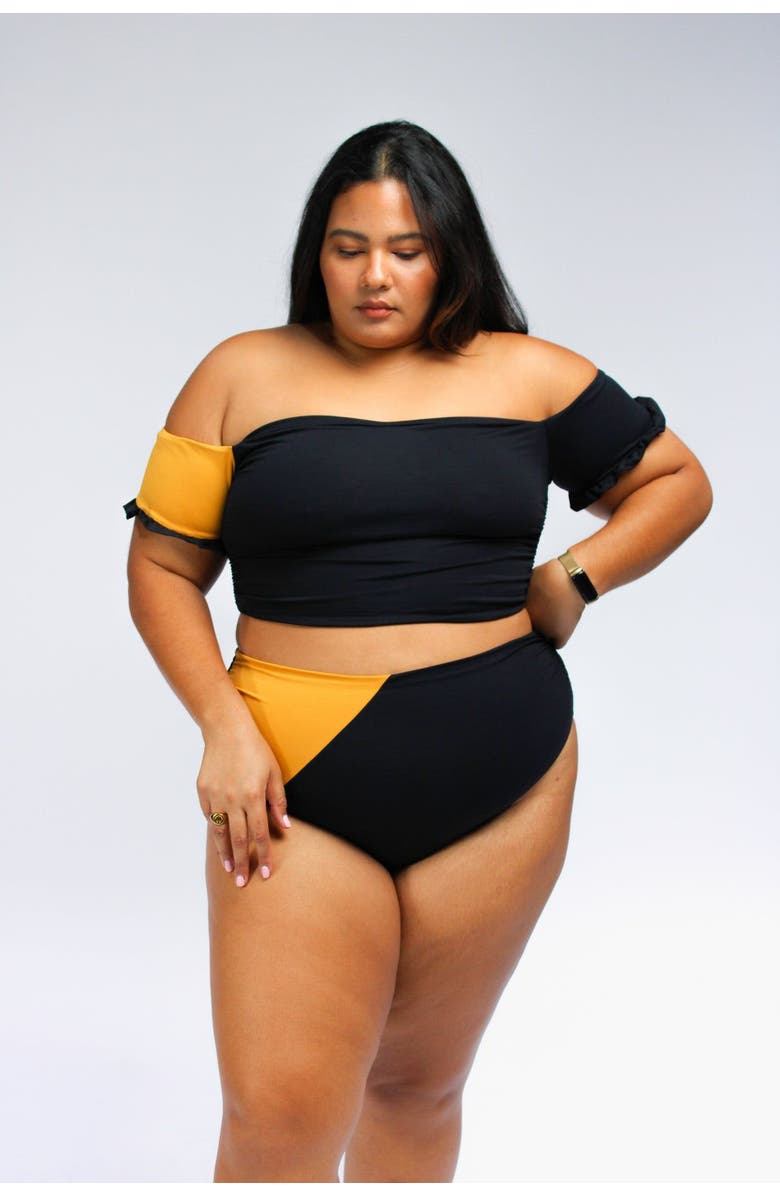 Mary Mercedes Cali Off-The-Shoulder Bikini Crop Top With Short Sleeves, Main, color, Black And Mustard Yellow