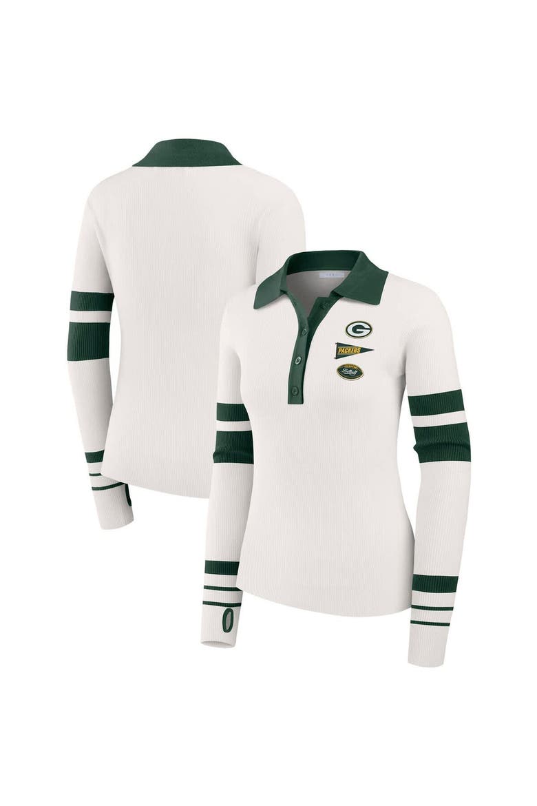 Women's WEAR by Erin Andrews White Green Bay Packers Ribbed Henley Polo Sweater, Main, color, White