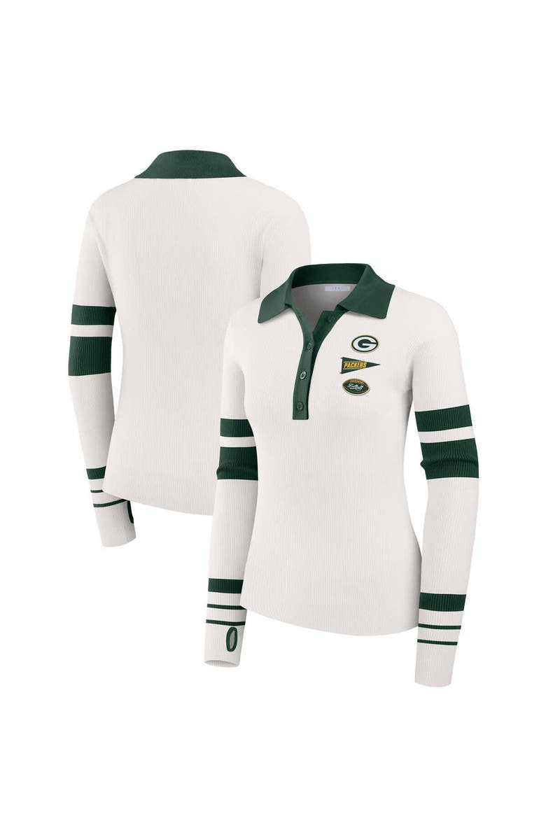 WEAR by Erin Andrews Women's WEAR by Erin Andrews White Green Bay Packers Ribbed Henley Polo Sweater, Main, color, White