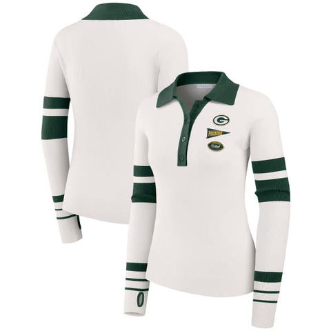Women's WEAR by Erin Andrews White Green Bay Packers Ribbed Henley Polo Sweater