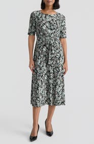 KASPER Print Tie Belt A-Line Dress