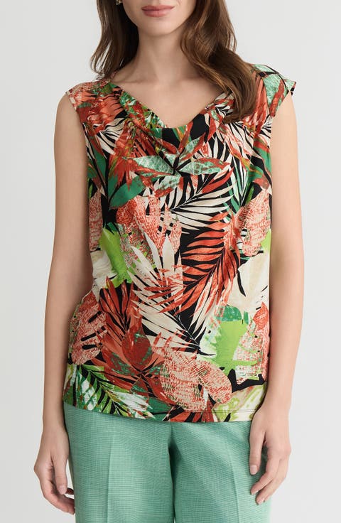 Tropical Print Cowl Neck Top