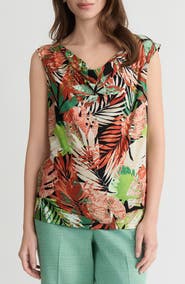 KASPER Tropical Print Cowl Neck Top