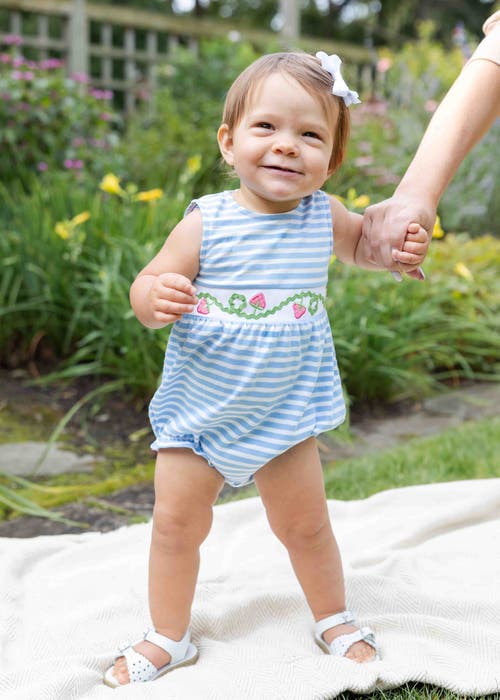 Florence Eiseman Stripe Knit Romper With Strawberries In Light Blue/white