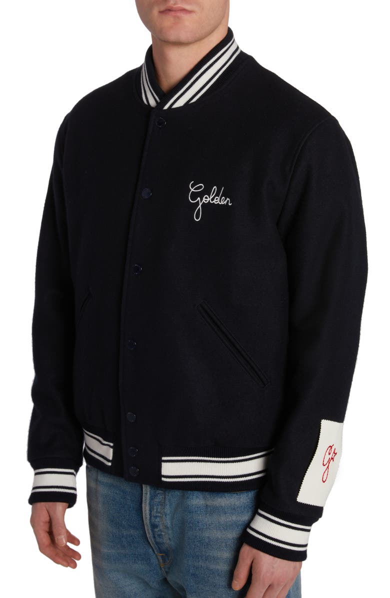 Golden Goose Logo Emboidered Wool Varsity Jacket, Alternate, color, Dark Blue