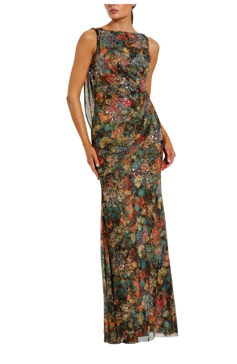 Mac Duggal Women's High Neck Printed Mesh Cowl Back Column Gown, Main, color, Charcoal Multi