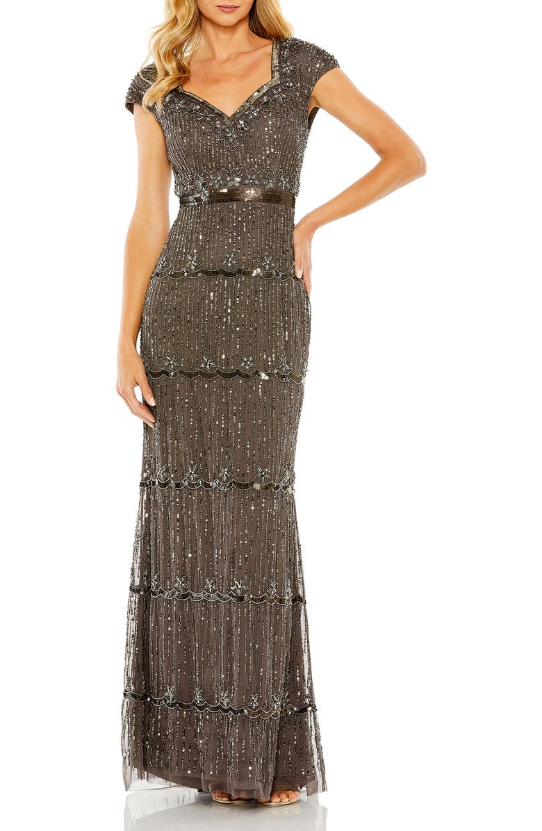 Mac Duggal Cap Sleeve Embellished Column Gown, Main, color, Charcoal