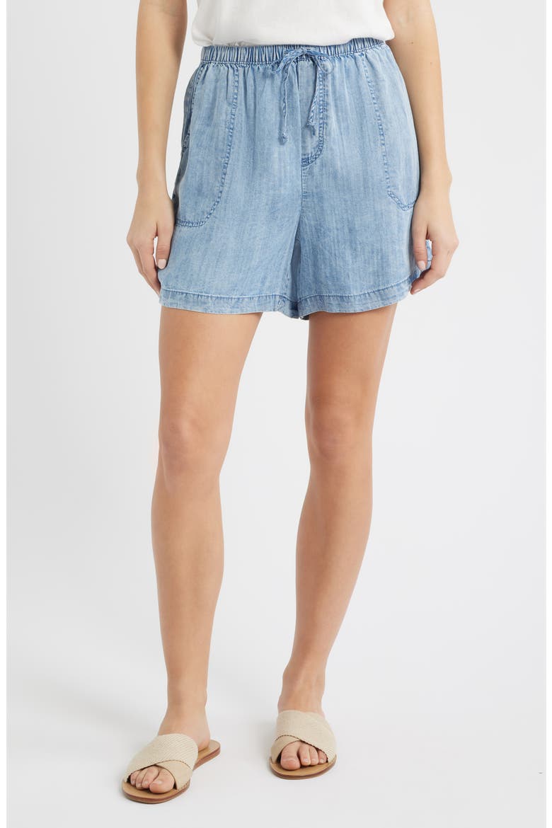 Yoko Tie Waist Chambray Shorts, Main, color, MEDIUM WASH