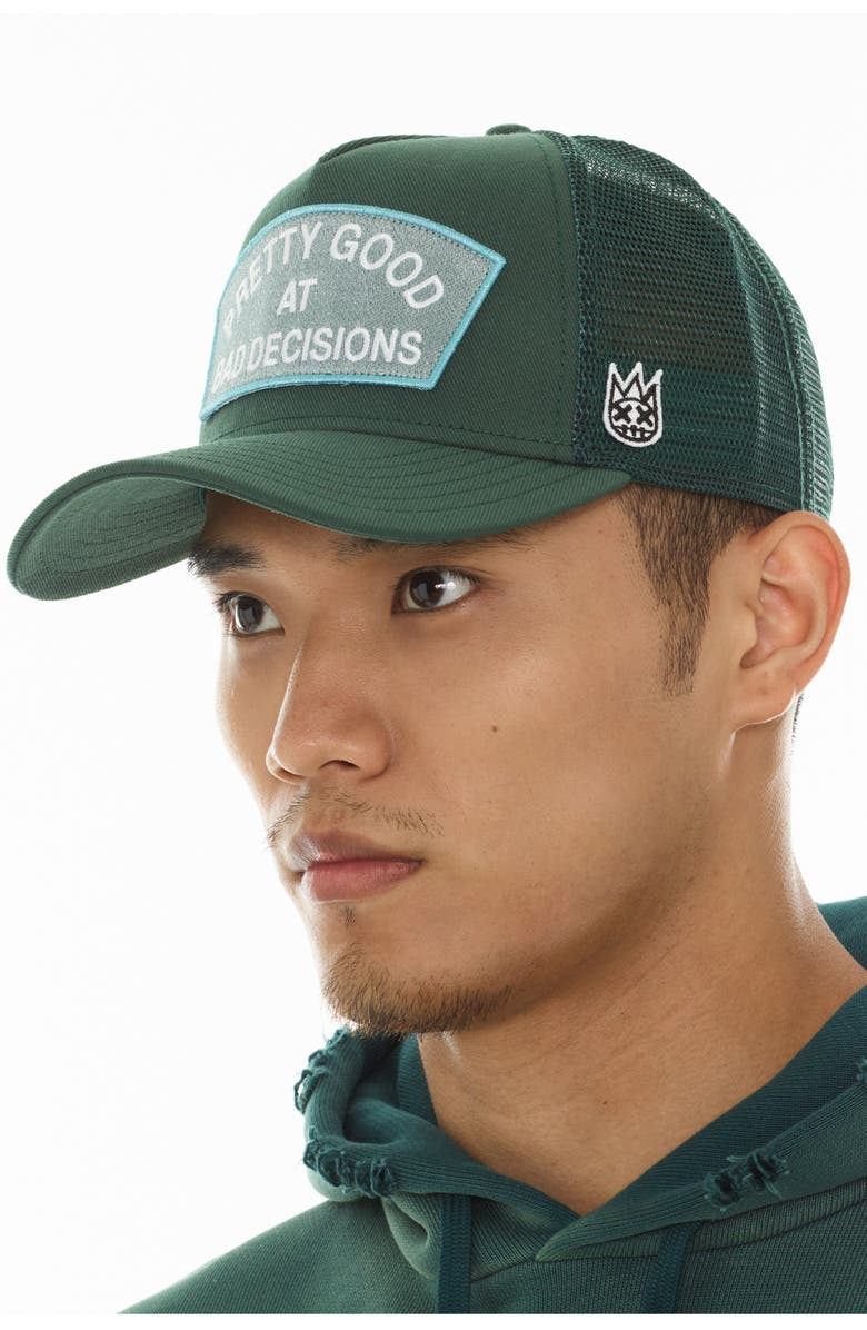 Cult of Individuality Good at Bad Decisions Trucker Hat, Alternate, color, Bayberry