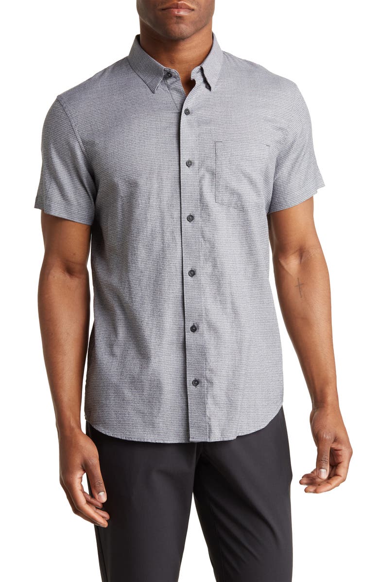 TravisMathew Personal Preference Stripe Short Sleeve Cotton Button-Up Shirt, Main, color, 
