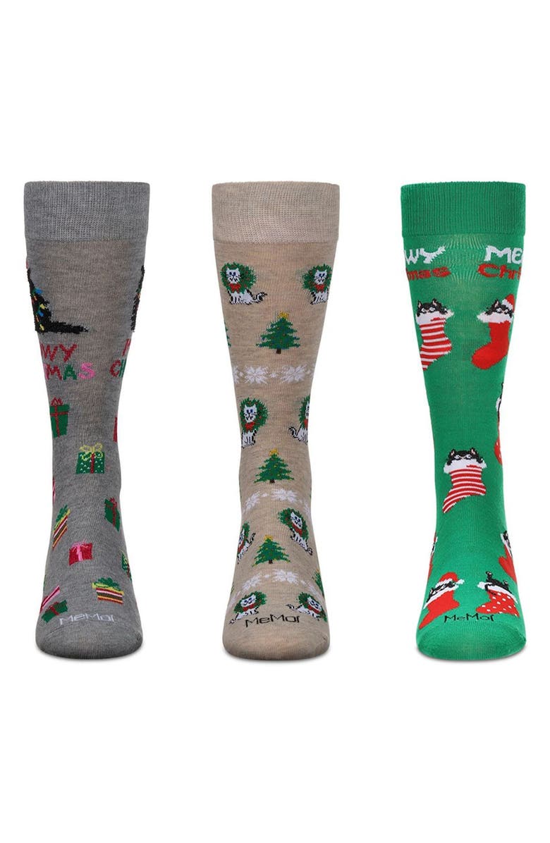 MeMoi Assorted 3-Pack Christmas Crew Socks, Main, color, Black/ Nude