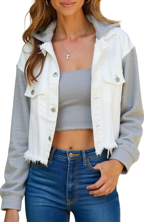 Knit & Lounge Knit And Lounge Raw Edge Cropped Hooded Denim Jacket With Contrast Sleeves In Gray/white