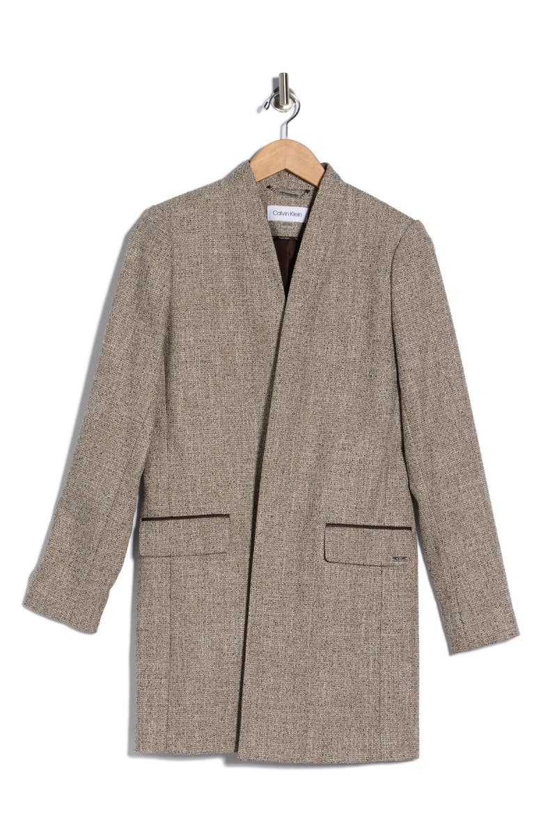 Calvin Klein Open Front Faux Leather Trim Long Blazer, Alternate, color, Latte Multi