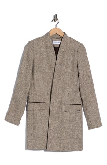 Calvin Klein Open Front Faux Leather Trim Long Blazer In Brown