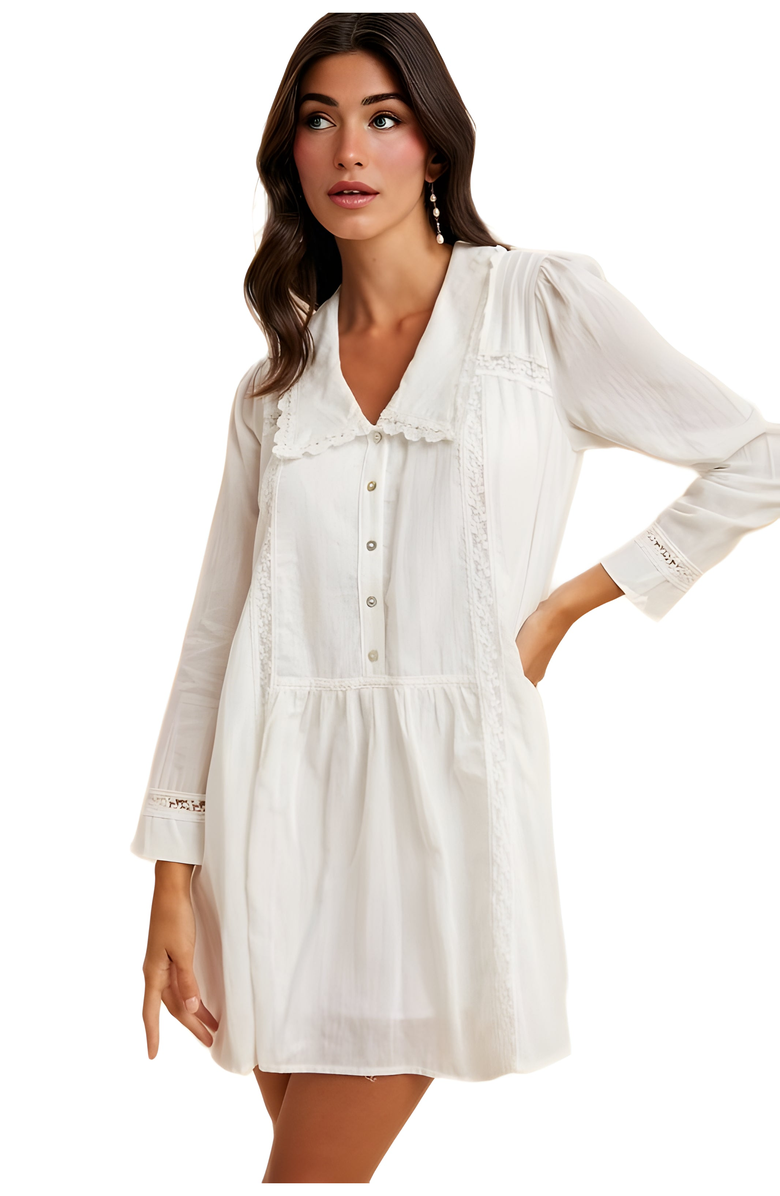 Knit and Lounge Long Sleeve Button-Front Babydoll Dress with Crochet Trim, Alternate, color, Ivory