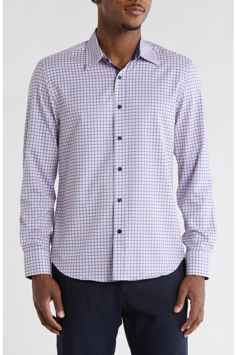 Grid Print Stretch Dress Shirt, Main, color, ORANGE/ BLUE