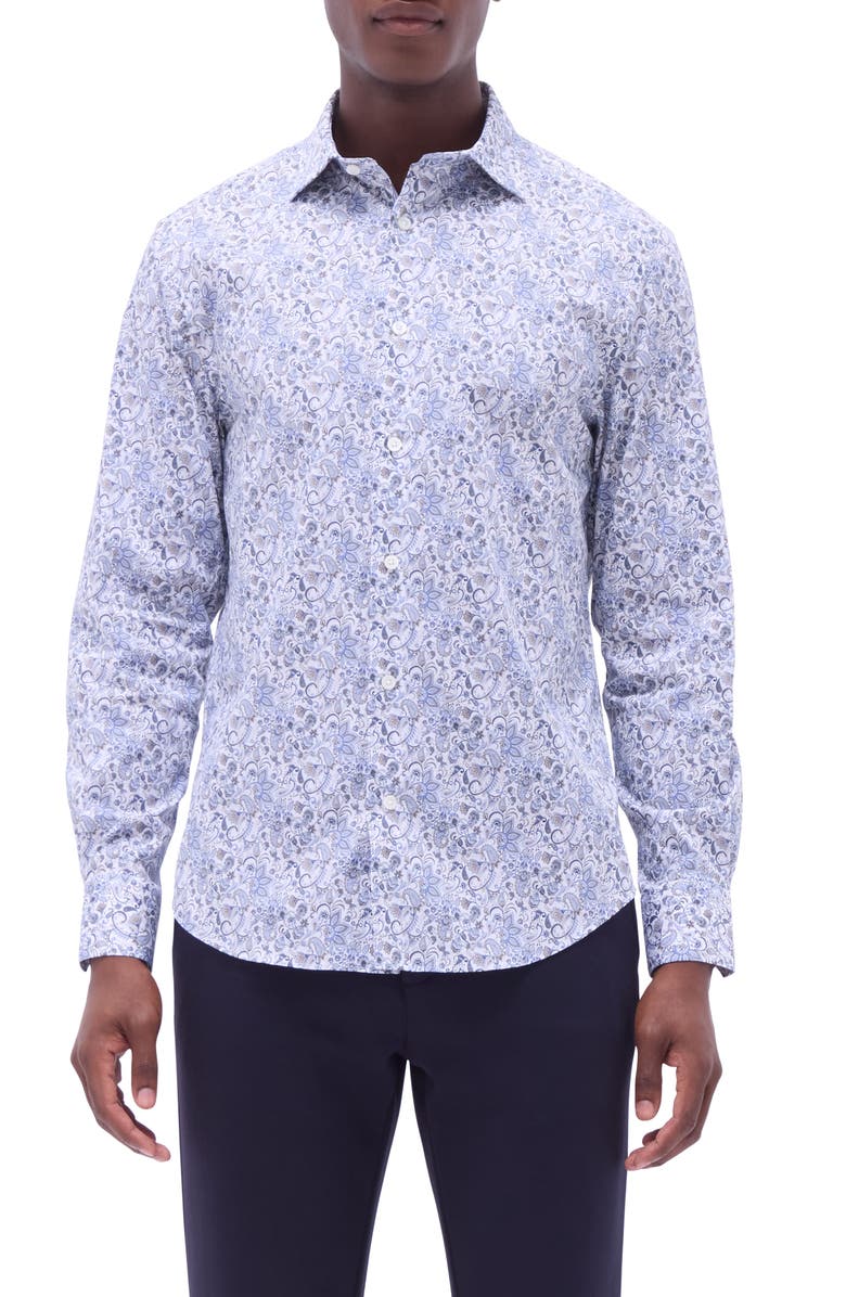 Bugatchi Axel Paisley Shaped Fit Stretch Cotton Button-Up Shirt, Main, color, Air Blue