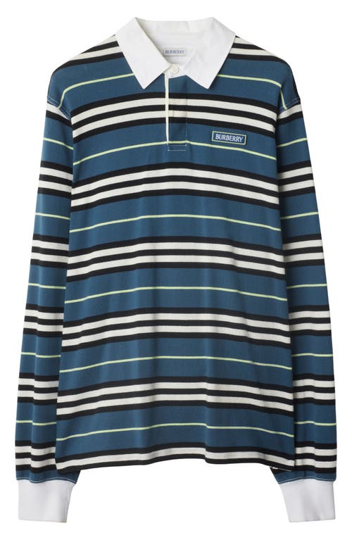 Shop Burberry Stripe Long Sleeve Cotton Polo In Anchor Pattern