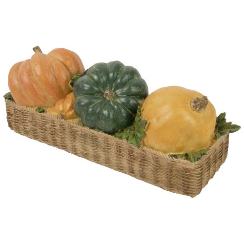 Northlight Faux Rattan Basket With Pumpkins Thanksgiving Decoration In Multi