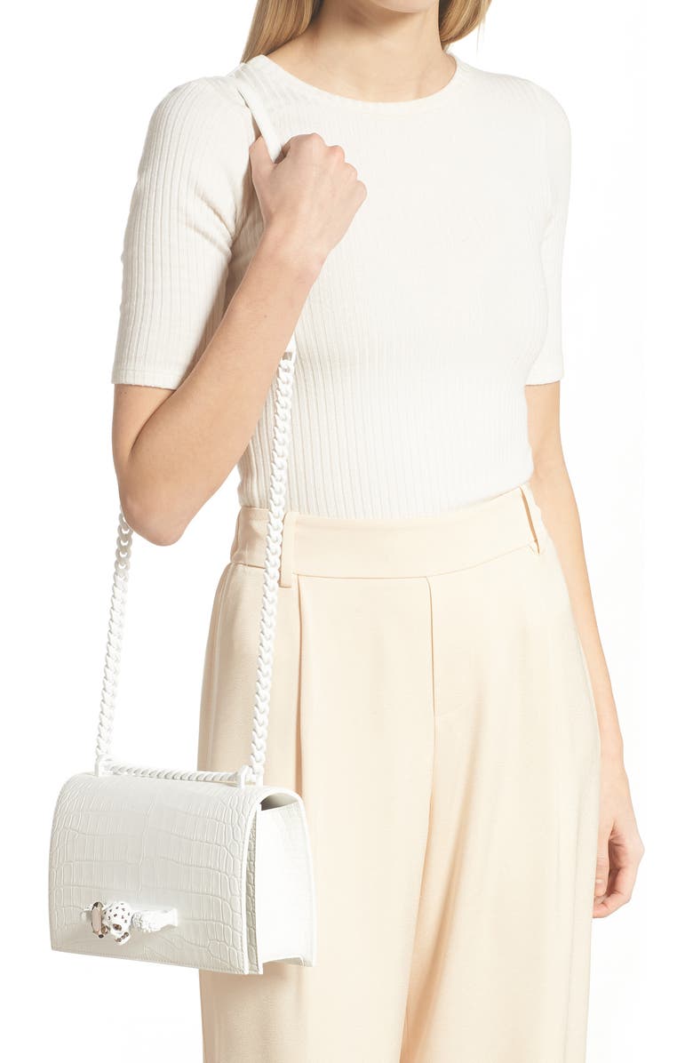 McQueen Croc Embossed Knuckle Ring Leather Shoulder Bag, Alternate, color,