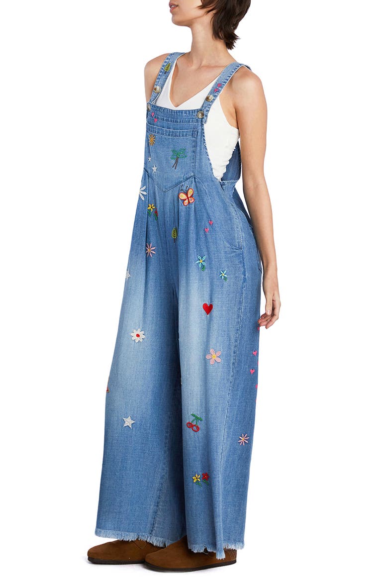 Oooh La La Embroidered Wide Leg Denim Overalls, Alternate, color, VINATGE DENIM