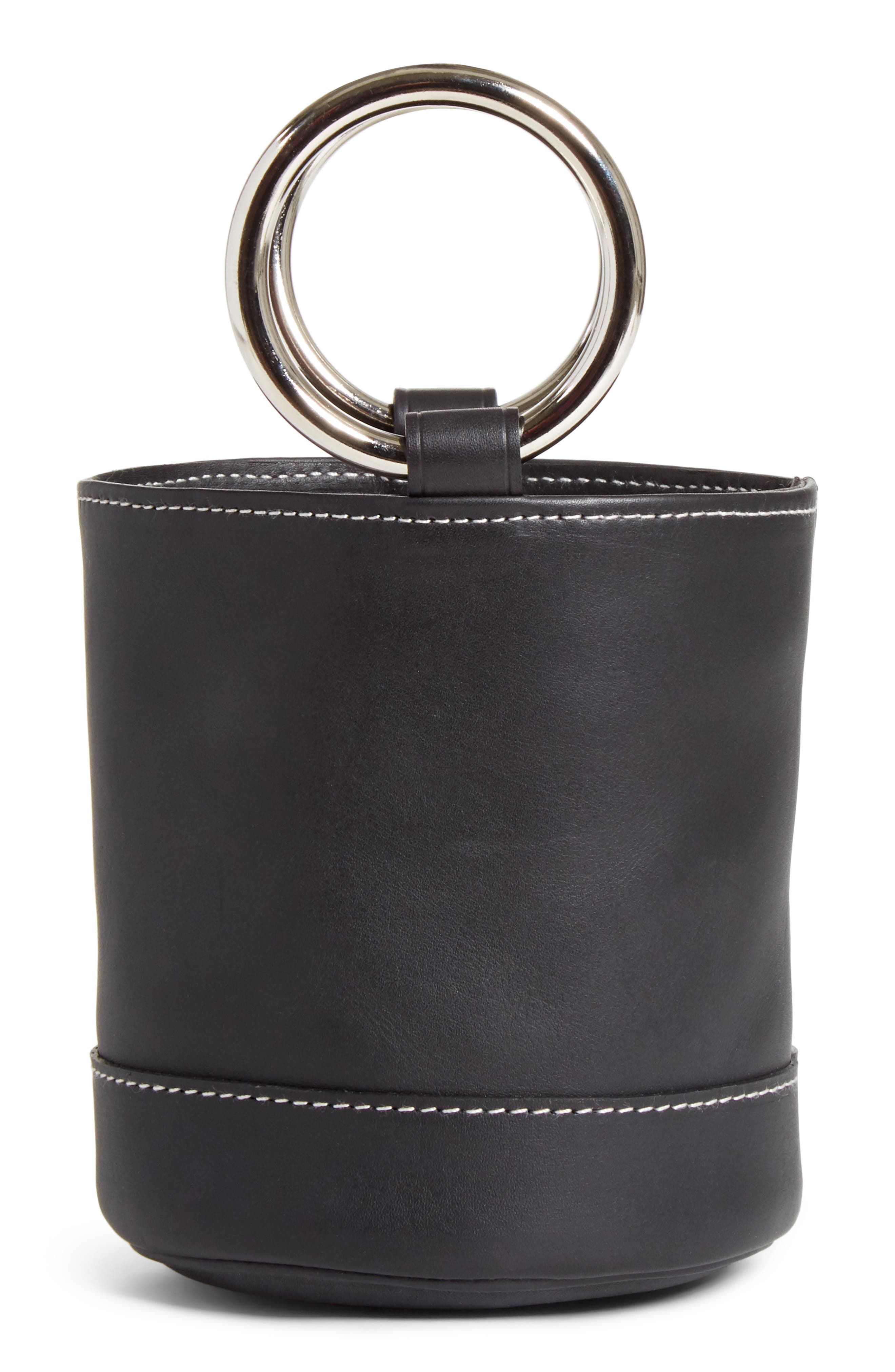 Bonsai 15 Calfskin Leather Bucket Bag, Main, color, BLACK WITH WHITE STITCHING