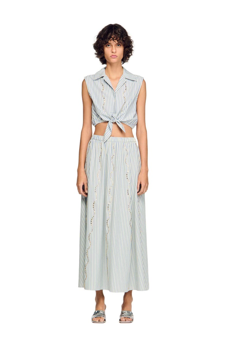 SANDRO Cropped striped rhinestone shirt, Alternate, color, Blue