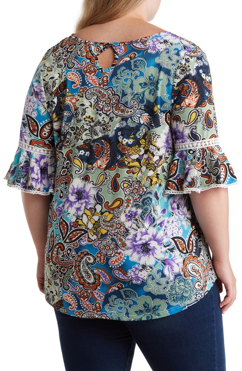 STEM AND VINE Printed Lace Trim Top, Alternate, color, 