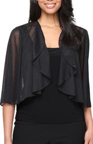 Alex Evenings Three-Quarter Sleeve Glitter Mesh Cover-Up Jacket