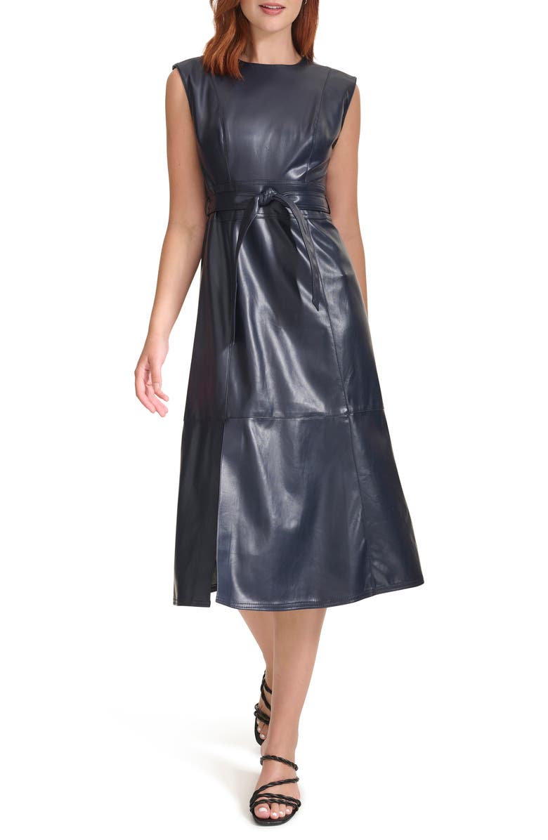 Calvin Klein Faux Leather Sleeveless Belted Midi Dress, Main, color,